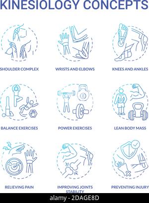 Kinesiology concept blue gradient icons set Stock Vector
