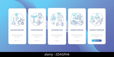 Exercises dark blue onboarding mobile app page screen with concepts Stock Vector