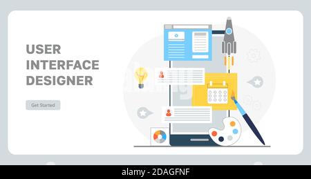 User interface designer concept vector. UI, UX app template creation installation. Creating design of landing page. Rocket, pains are shown Stock Vector