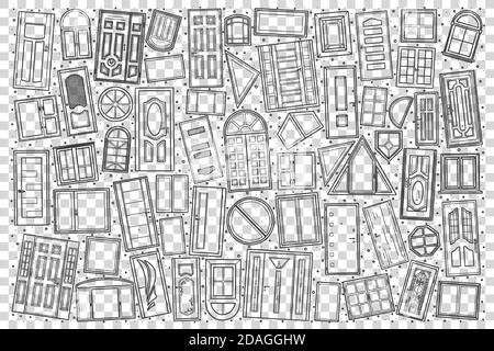 Windows and doors doodle set Stock Vector