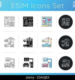 Car in drive thru lane icons set Stock Vector