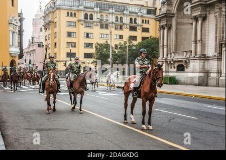 Changing of the Guard at Government Palace known as House of Pizarro, at Plaza de Armas in Lima, Peru Stock Photo