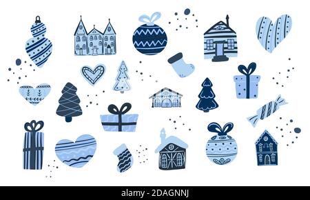 Christmas holiday big set. Handdrawn tiny city and town background. New year balls, pine tree Stock Vector