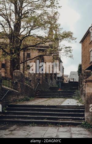 Staircase leading to The Church of St John the Baptist, a parish church in the Church of England located at Frome, Somerset, UK. Stock Photo