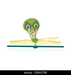 Cute bookworm with glasses reading book, isolated on white background. Vector cartoon illustration. Stock Vector