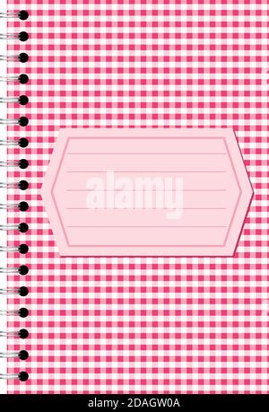 Vector illustration of pink checked pattern spiral paper notebook with copy space sign Stock Vector