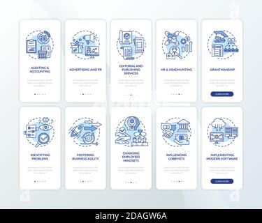 Top business consulting service onboarding mobile app page screen with concepts set Stock Vector