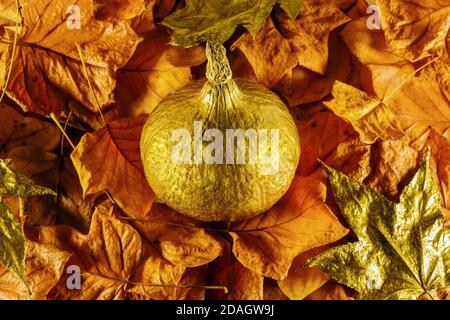 Creative autumn background. Orange and gold autumn leaves and gold pumpkin in middle. Stock Photo