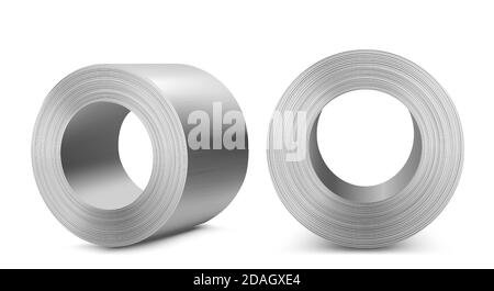 Steel rolls, industrial manufacturing business production, heavy metallurgical industry shiny metal stainless iron or aluminum cylinders isolated on white background, Realistic 3d vector illustration Stock Vector