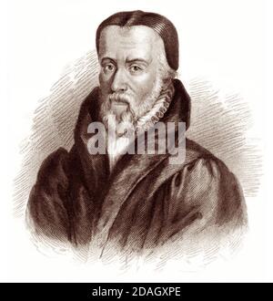 William Tyndale (1494 - 1536) was an English scholar and leading figure in the Protestant Reformation who, defying the Catholic Church and English government, translated the Bible into English, for which he was strangled and burnt at the stake in 1536. Stock Photo