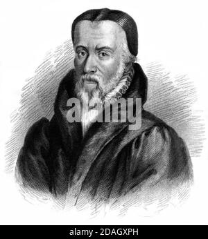 William Tyndale (1494 - 1536) was an English scholar and leading figure in the Protestant Reformation who, defying the Catholic Church and English government, translated the Bible into English, for which he was strangled and burnt at the stake in 1536. Stock Photo