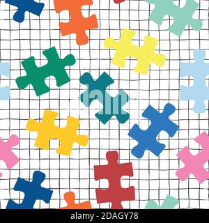 Puzzle pieces seamless vector background on a grid. Repeating pattern for fabric, kids wear, childrens decor. Stock Vector