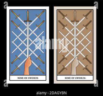 Nine of swords. Tarot cards. Eight crossed swords and a hand grasping a  sword tip Stock Vector