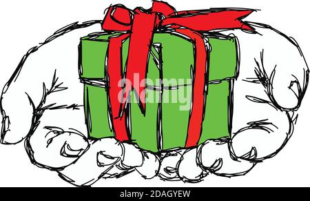 illustration vector doodle hand drawn of sketch hand of person giving or receiving green gift package with red ribbon, isolated on white background. Stock Vector