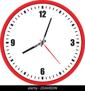 Vector illustration of one modern red wall clock with arabic numerals over white background, low angle front view Stock Vector