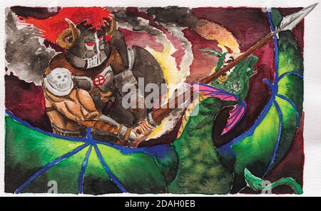 Drawing of an armored knight attacking a dragon with a spear. Watercolor painting. Stock Photo