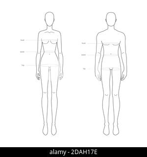 Men and women standard body parts terminology measurements Illustration for clothes and accessories production fashion 9 head male and female size chart. Human body infographic template Stock Vector