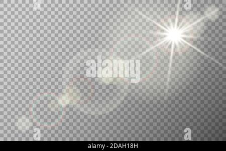 Lens flare effect on transparent backdrop. Sunlight special glare. Bright flash with warm rays. Sunshine with sparks. Light rings. Vector illustration Stock Vector