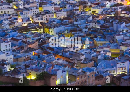 Overview of houses on the Riff Mountains, Chefchaouen, Morocco Stock Photo