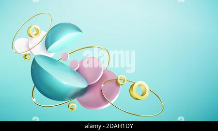 Abstract background with 3d geometric shapes on turquoise backdrop, green hemispheres, pink and white cylinders or circles with golden rings, Realistic vector banner for presentation or ad promotion Stock Vector