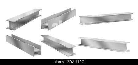 Metal construction beams, steel structure girders. Vector realistic set of stainless joist for building, iron structural profile isolated on white background. 3d illustration of strong i-beams Stock Vector