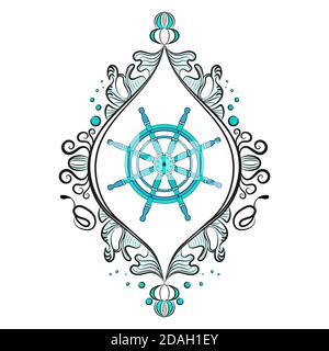 Steering wheel of the ship. In a beautiful frame. Vector illustration isolated on white background. Stock Vector