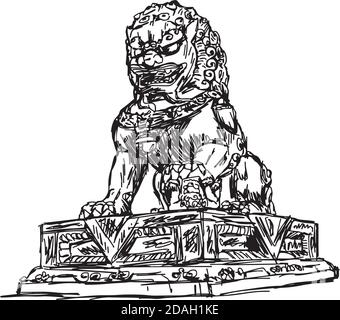 illustration vector doodle hand drawn of sketch big bronze lion in forbidden city, China, isolated on white Stock Vector