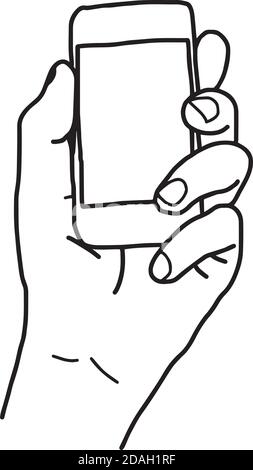 illustration vector doodle hand drawn sketch of human left hand using or holding smart mobile phone Stock Vector