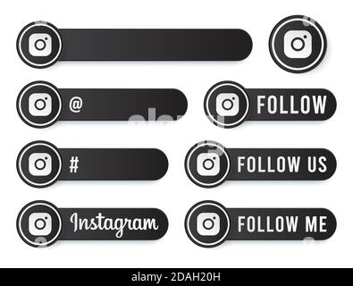Instagram Buttons Collection with White Logo. Black Social Media Tags Set with Modern Icons, Symbol, Sing, Banner. 3D Round Button Templates Stock Vector