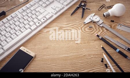 Creative table with various tools to invent. Stock Photo