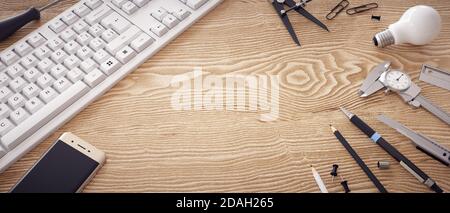 Creative table with various tools to invent. Stock Photo
