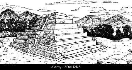 Temple-pyramid in talud-tablero style and double stair at the Maya city of Zaculeu. A pre-Columbian archaeological site in Guatemala. Ink drawing. Stock Photo
