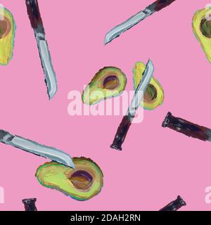 The pattern of knives and avocado on a pink background. Stock Vector