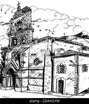 Facade and bellow tower in gothic style from an old church in Belorado. A small village on the Way of St. James, in northern Spain. Ink drawing. Stock Photo
