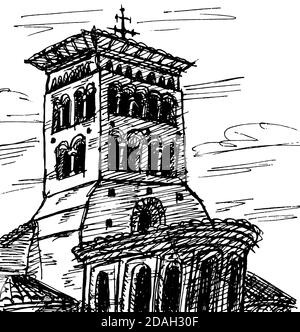 Facade and bellow tower in gothic style from an old church in Sahagun. A small village on the Way of St. James, in northern Spain. Ink drawing. Stock Photo