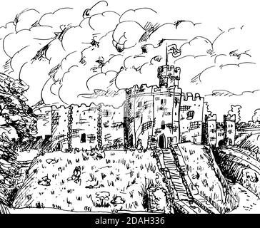 Towers and stone walls with merlons in a Castle on the top of a hill. In the countryside of Wales, United Kingdom. Ink drawing. Stock Photo