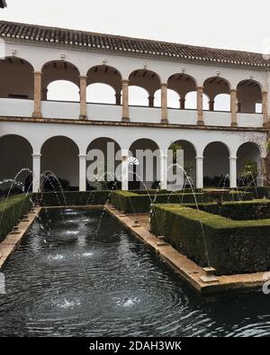 Reflecting pool with square bushes to the side and a view of the gallery with arched doors in the background in the Generalife gardens at the Alhambra Stock Photo