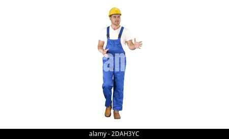 Foreman builder explaining something to camera and talking on white background. Stock Photo