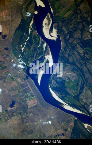 CENTRAL ASIA - 08 August 2019 - A portion of the Volga River is pictured as the International Space Station orbited above Russia near the Caspian Sea Stock Photo