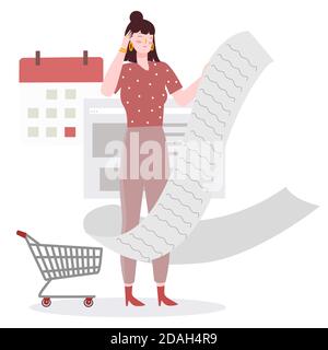 women hold big long bill shopping dizzy background of trolley calendar mark with flat cartoon style Stock Vector