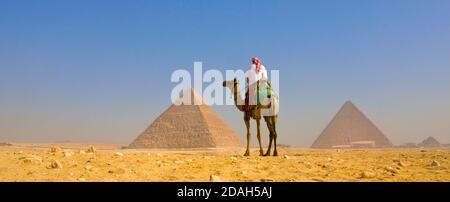 Camel rider with the Great Pyramid of Giza at dawn, UNESCO World Heritage site, Giza, Cairo Governorate, Egypt Stock Photo