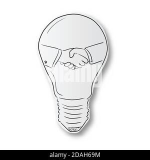 black line hand drawn of close-up handshake of businessman in light bulb on cut paper with shadow isolated on white background Stock Vector