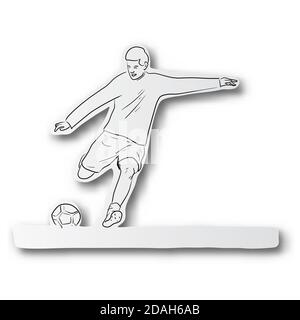black line hand drawn of soccer player shooting ball on cut paper with shadow isolated on white background Stock Vector