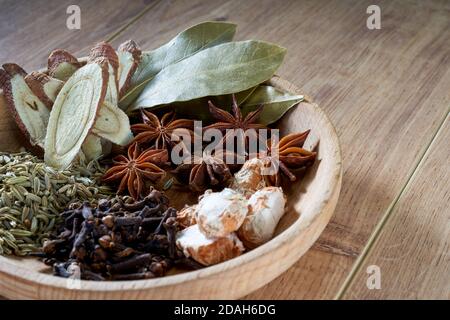 Close-up of two bundles of capers, Guangxi specialty, snail rice noodle ingredients Stock Photo