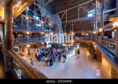 Yellowstone, Wyoming, USA - September, 03, 2017: Panoramic view of the lobby of the historic Old Faithful Inn hotel, Yellowstone, Wyoming. Stock Photo