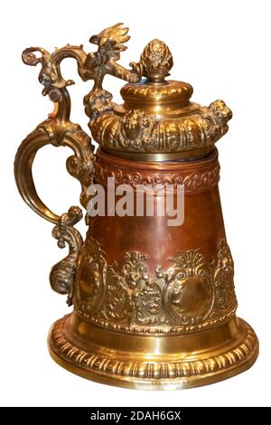 Old fashioned beer stein, isolated on white background. Clipping path. Stock Photo