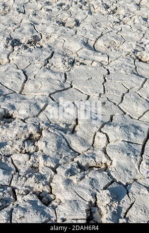 Detail of the grey, parched, austere, almost barren landscape near a hot pool at Fountain Paint Pot in yellowstone national park Stock Photo