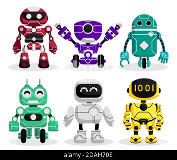 Robot characters vector set. Robotic character with modern technology cyborg and android robots design isolated in white background. Stock Vector