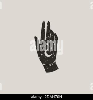Mystical Female Hand with Moon and Stars in Trendy Boho Style. Vector Palm Icon Stock Vector