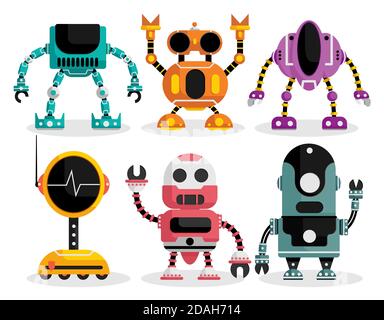 Robots vector characters set. Robot character with mechanical android robotic design for friendly toys collection isolated in white background. Stock Vector